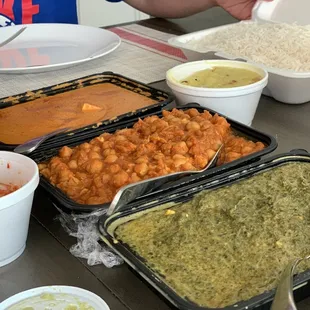 Butter Paneer Kadai Masala (back), Chana Masala (middle) and Palak Paneer (front)