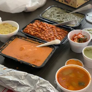 Paneer Tikka, Chana Masala, Palak Paneer, Dosa Masala. Comes with lots of rice and a cup of pickled hot veggies