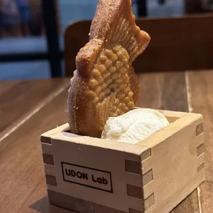 Taiyaki with vanilla ice cream in sake box