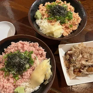 Negi toro don (Large), Spicy tuna don (Large), Takoyaki
