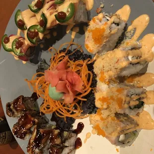 Spider roll, yakuza roll, &amp; dancing shrimp roll