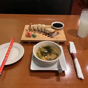 Miso Soup, Fuji Roll, Lemonade