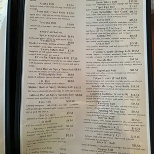 Sushi menu