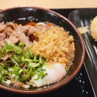 Regular hot nikutama ($11.95) with a side of egg tempura ($2.50)