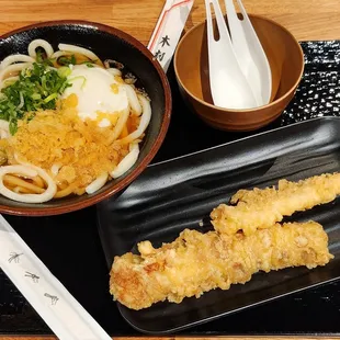 Kake udon w hot spring egg. Side of shrimp n fish cake