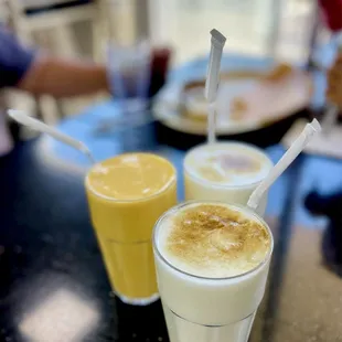 (2) salted lassi and (1) mango lassi
