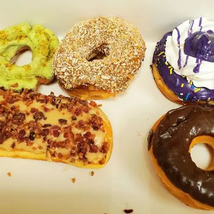 From the top left Pistachio,  coconut Caramel,  Ube, chocolate &amp; Maple Bacon