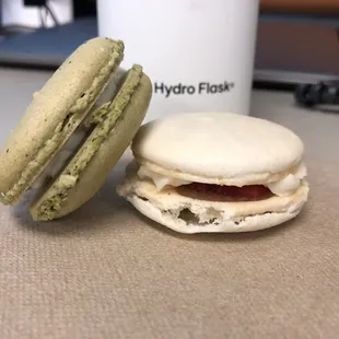 Matcha and strawberry macarons :)