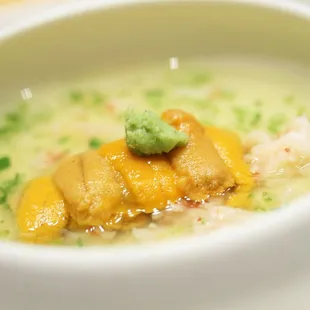 Savory Egg Custard: steamed egg custard, topped with uni, shrimp, okra, and wasabi