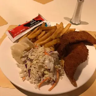 Lenten fish fry &amp; pierogi. There are two more pierogi under the slaw. Excellent!