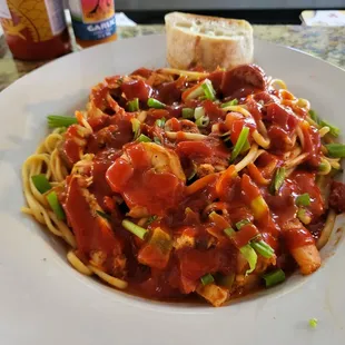 Jambalaya with Sriracha added.  Quite colorful .