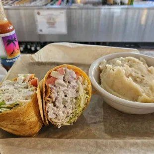 Chicken  salad  wrap and mashed taters .