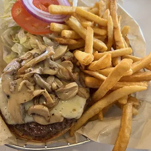 Mushroom/Swiss burger and gator bites
