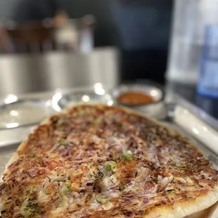 a pizza on a tray