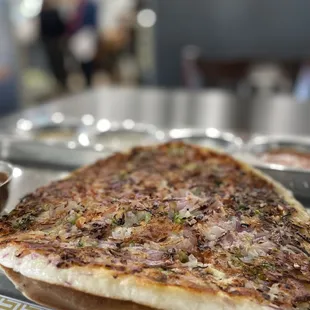 a pizza on a tray