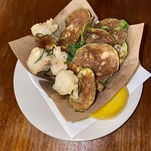 Close up of the rock shrimp &amp; fried Zucchini