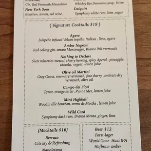 Cocktail menu