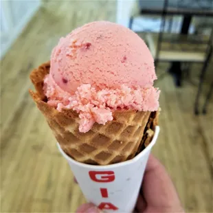 Red Raspberry waffle cone single scoop