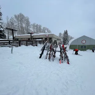 a group of skis in the snow