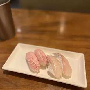 2 Pieces Hamachi Belly Nigiri and 2 Pieces Kurodai Nigiri
