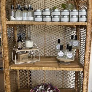 a wicker shelf with various items