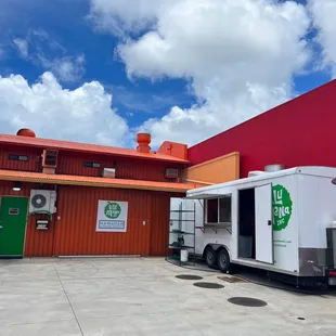  a food truck parked in front of a building