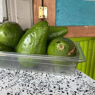 a container of avocados