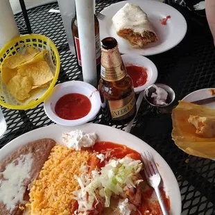 Chicken enchiladas, carnitas burrito, and a tamale