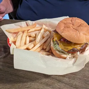 Big, juicy burger with tasty fries