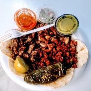 3 meat taco plate Asada , Pastor, Tripitas