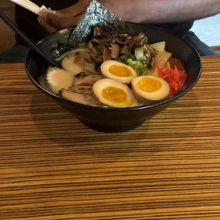 Tonkutsu ramen with extra egg and mushrooms
