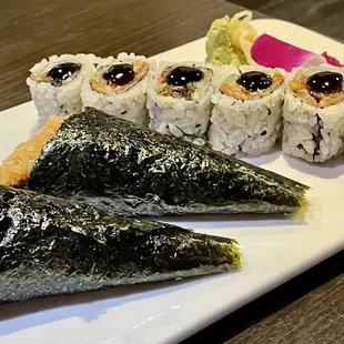 Spicy Salmon Hand Roll, Spicy Yellowtail Hand  Roll, and Salmon Skin Roll