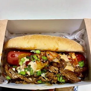 Bulgogi Dog - 100% Angus Beef, Marinated Korean Beef, Kimchi Relish, Teri Mayo, Gochujang Sauce, Green Onions, Sesame Seeds