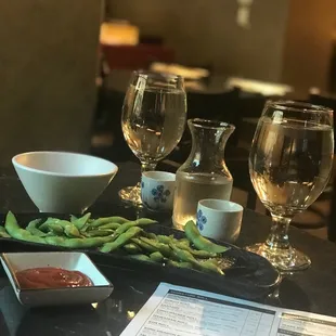 Sake and edamame.