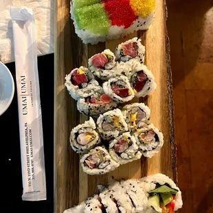 From top to bottom: Traffic Light, Spicy Tuna, Spicy Yellowtail, and Vegetable rolls