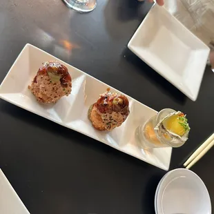 Oyster Shooter, Crispy Rice Tots