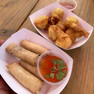 Vegetable egg rolls and crab Rangoon