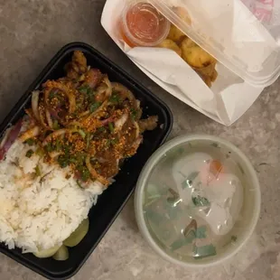 Spicy crispy chicken and umami rice with krab Rangoon and a soup