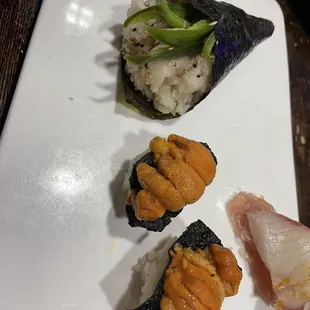 Yellowtail jalapeño handroll, uni