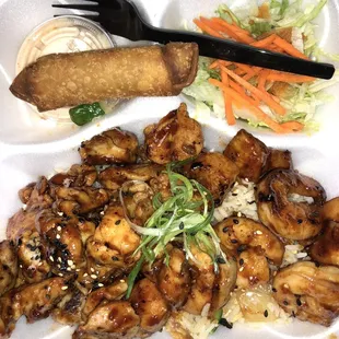 Korean BBQ Chicken &amp; shrimp plate w a veggie roll &amp; ginger salad. A m a z i n g !
