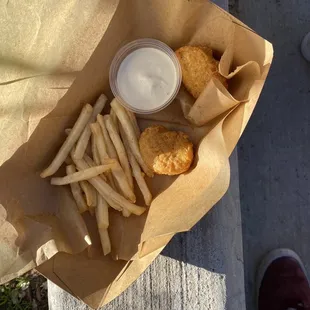 A child's chicken nugget meal. It comes with 3, but my daughter ate one.