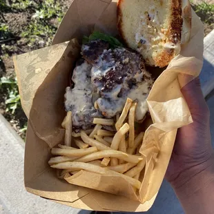 1 1/2 of the smash burger and fries.