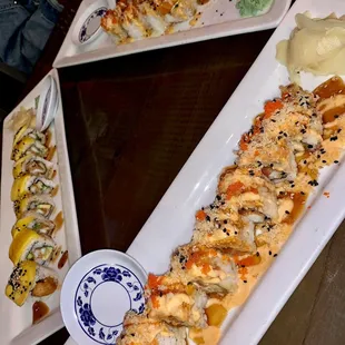 Spicy hulk (midddle), Tokyo roll (left), Volcano roll (right)