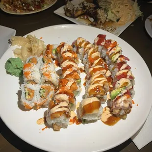 Spicy salmon roll, OMG roll, Suite 28 roll, Red dragon roll