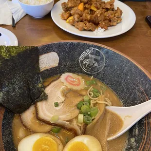 Miso ramen (sorry had started eating it before picture, so good) and orange chicken and rice.