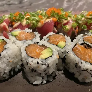 Salmon avocado roll, and a special tuna roll