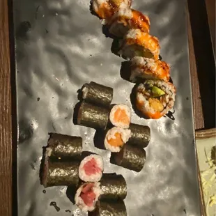 Shrimp Tempaura Roll (Top), Salmon Roll (Middle), Tuna Roll (Bottom)