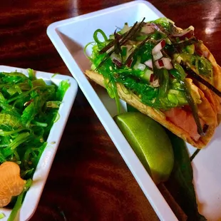 Soft tacos and seaweed salad