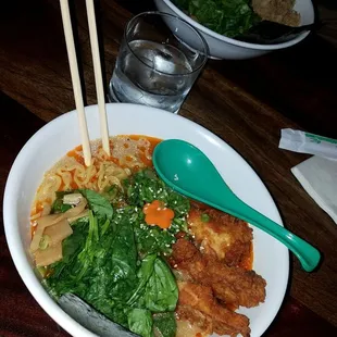 Delicious Ramen with fried chicken! Check out the adorable carrot flower.