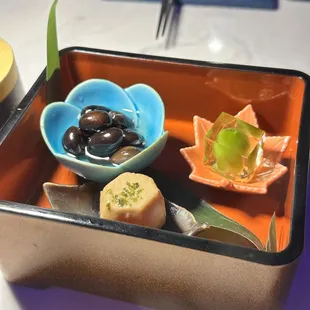 Appetizer. Sweet beans, Japanese yam, and peach in gelatin. Delicious!